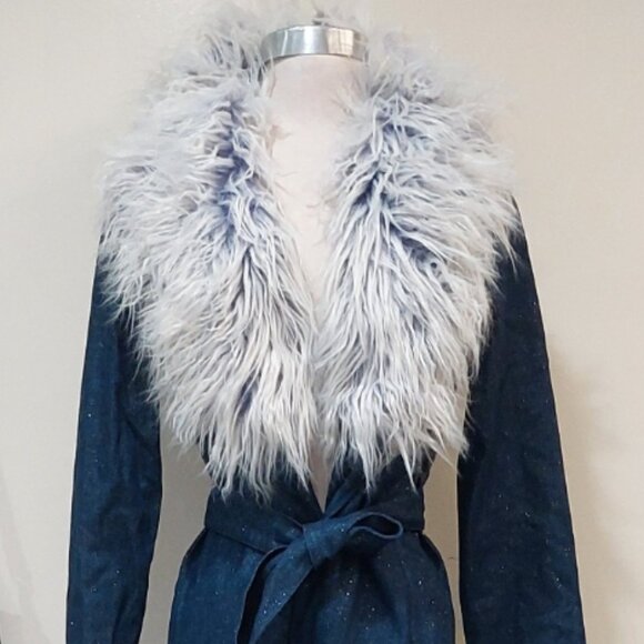 💋GORG!💋LIMITED EDITION FAUX MONGOLIAN FUR COLLAR GLITTERY DENIM AFGHAN COAT - Picture 5 of 16